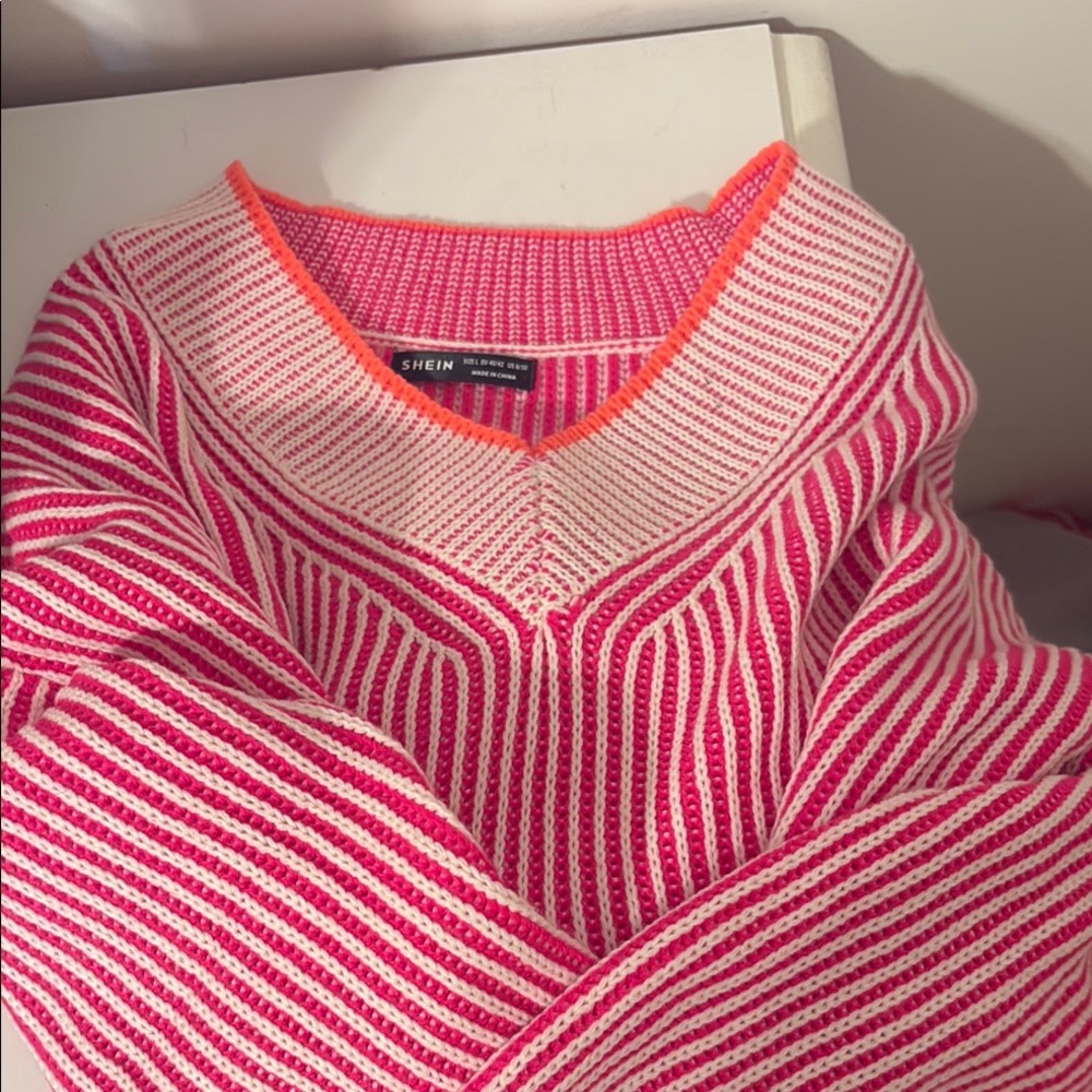SHEIN Pink and White V-Neck Sweater
